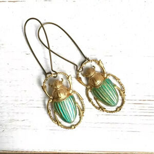 Vintage Gold Scarab Green Beetle Dangle Earrings